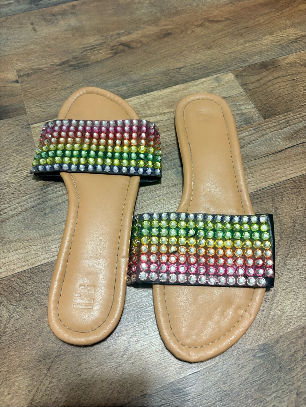 Rainbow Rhinestone Slide Sandals Women’s Size 10 Sparkly Bling Flats